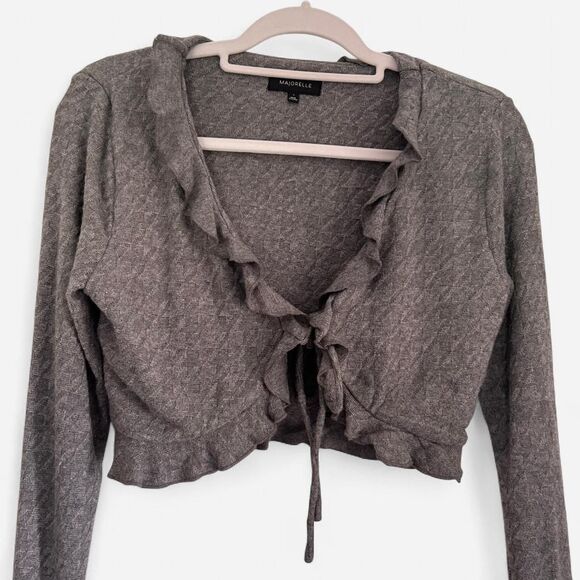 Majorelle Revolve Elena Heather Grey Knit Tie Front Cardigan Coquette Ruffle Top - Picture 5 of 8